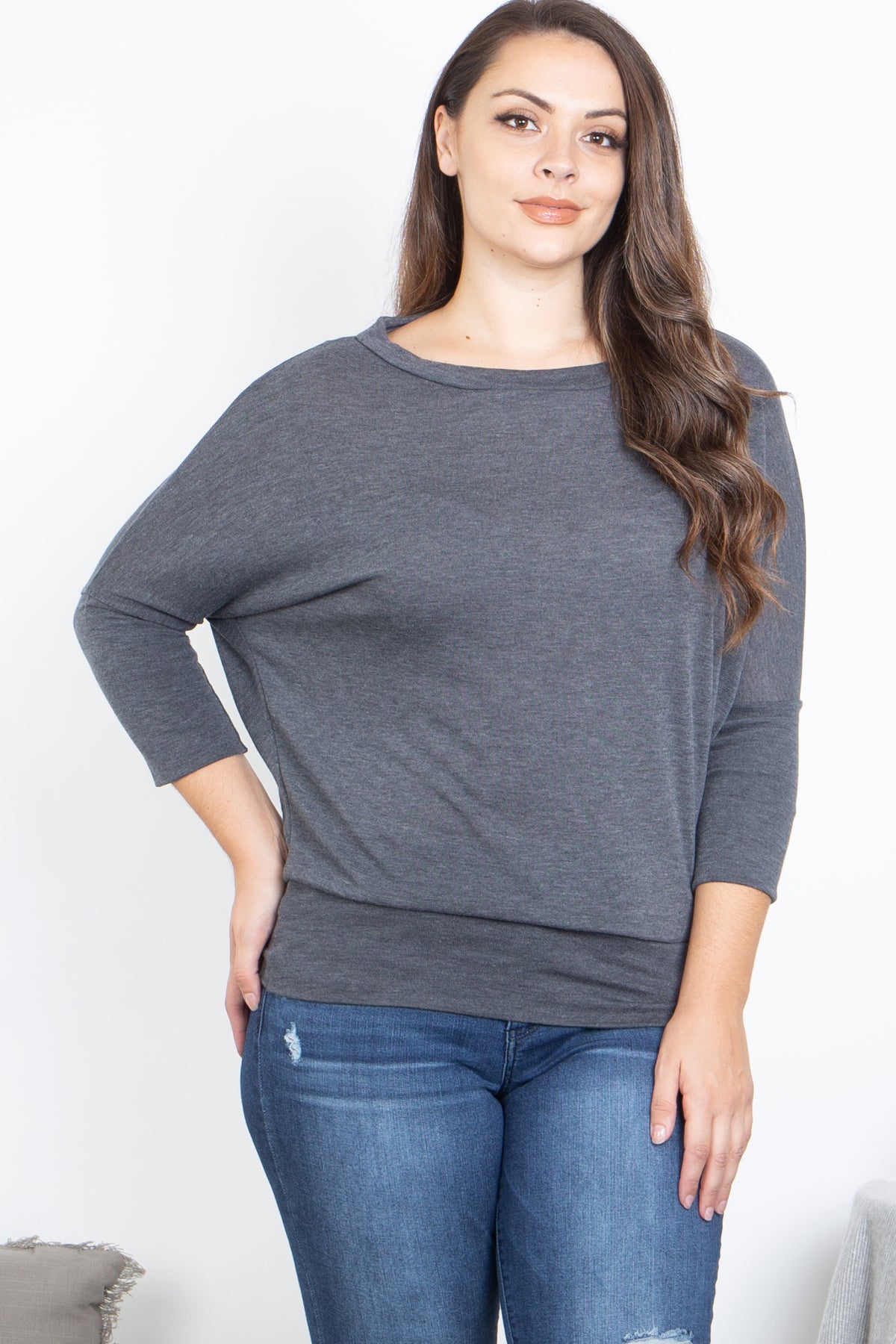 Plus Size Quarter Sleeve Dolman Sleeve Solid Top