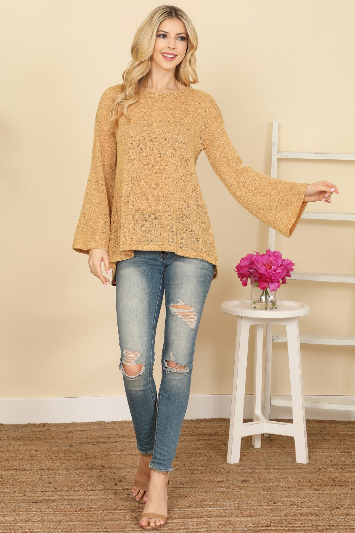Bell Sleeve Textured Back Tie Top