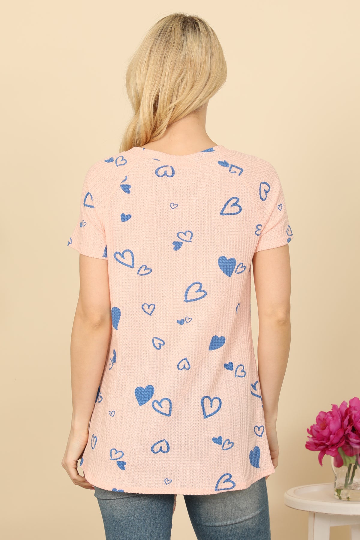 Heart Print Twist Tie Hem Waffle Top
