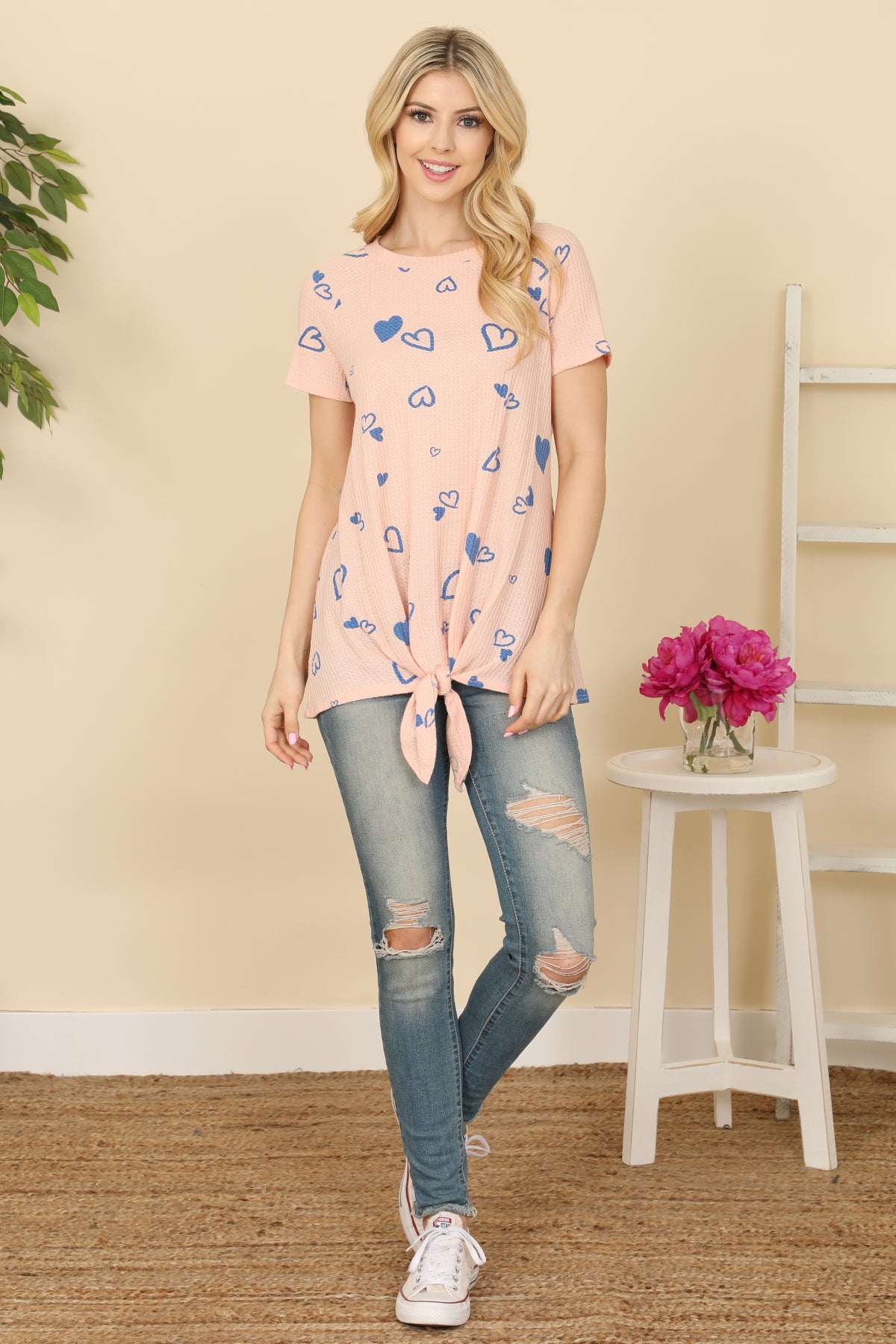 Heart Print Twist Tie Hem Waffle Top