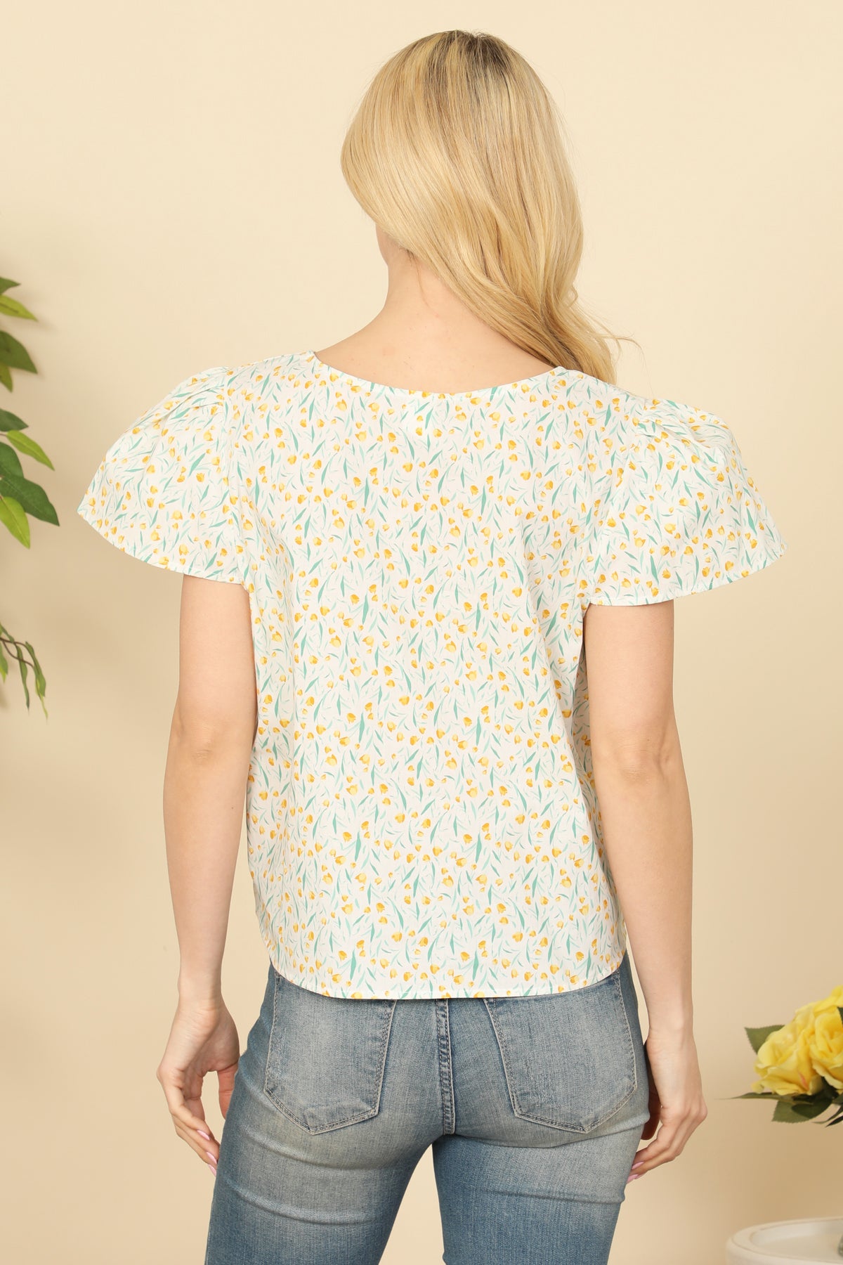 Puff Sleeve Twist Tie Hem Floral Top