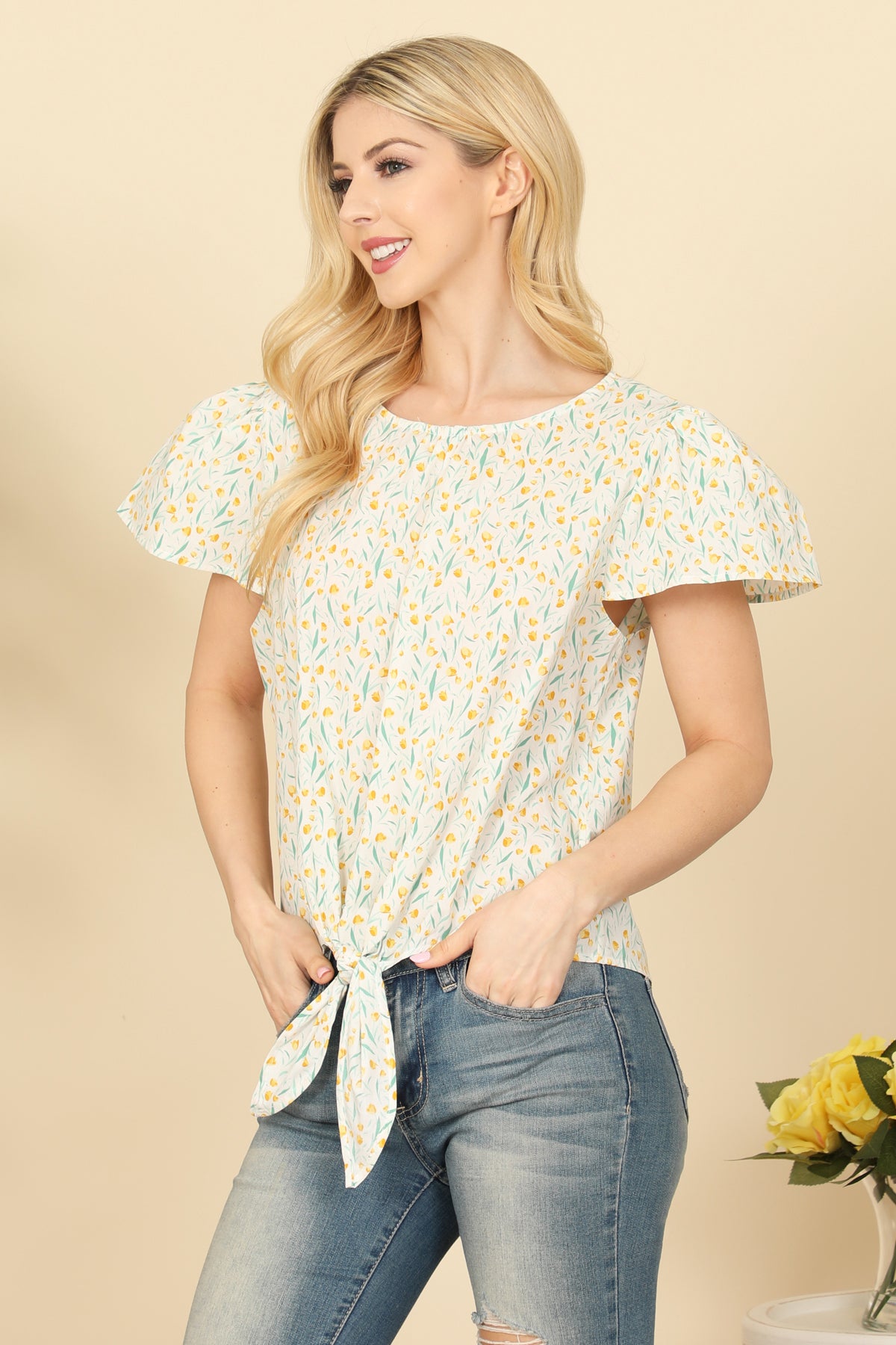 Puff Sleeve Twist Tie Hem Floral Top