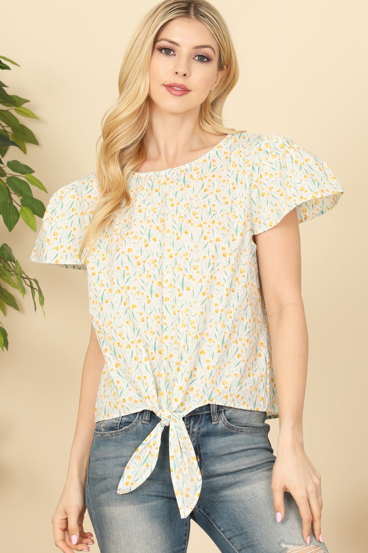 Puff Sleeve Twist Tie Hem Floral Top