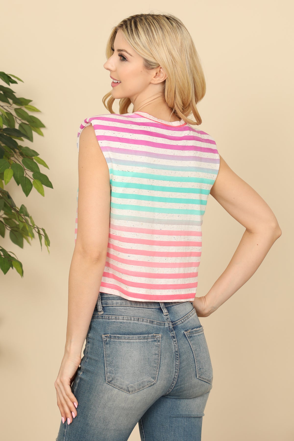 Half Sleeve Merrow Neckline Multi Stripe Top