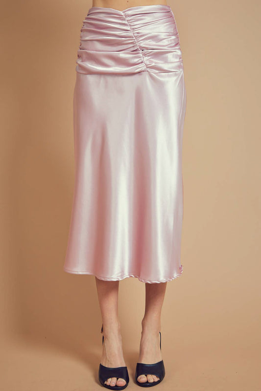 Ruched High Waist Satin Midi Skirt