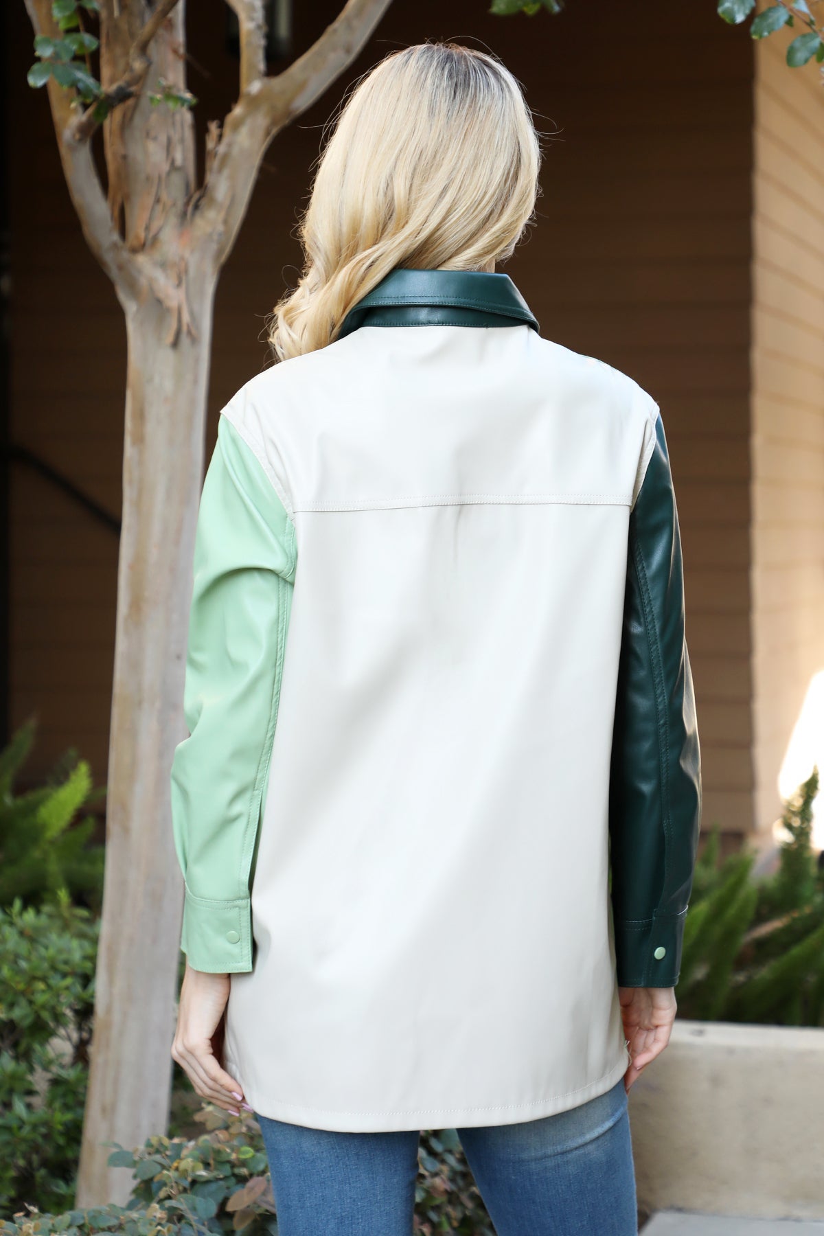 Color Block Faux Leather Button-Up Shacket