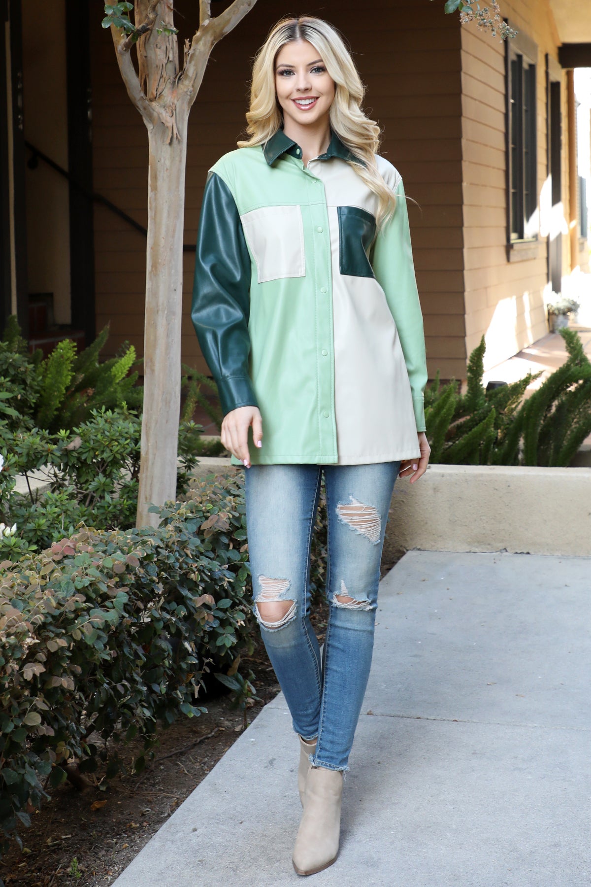 Color Block Faux Leather Button-Up Shacket
