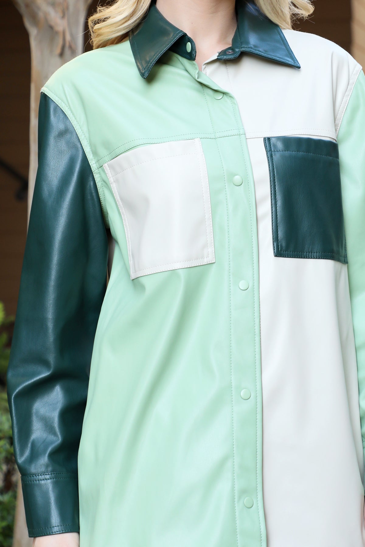 Color Block Faux Leather Button-Up Shacket