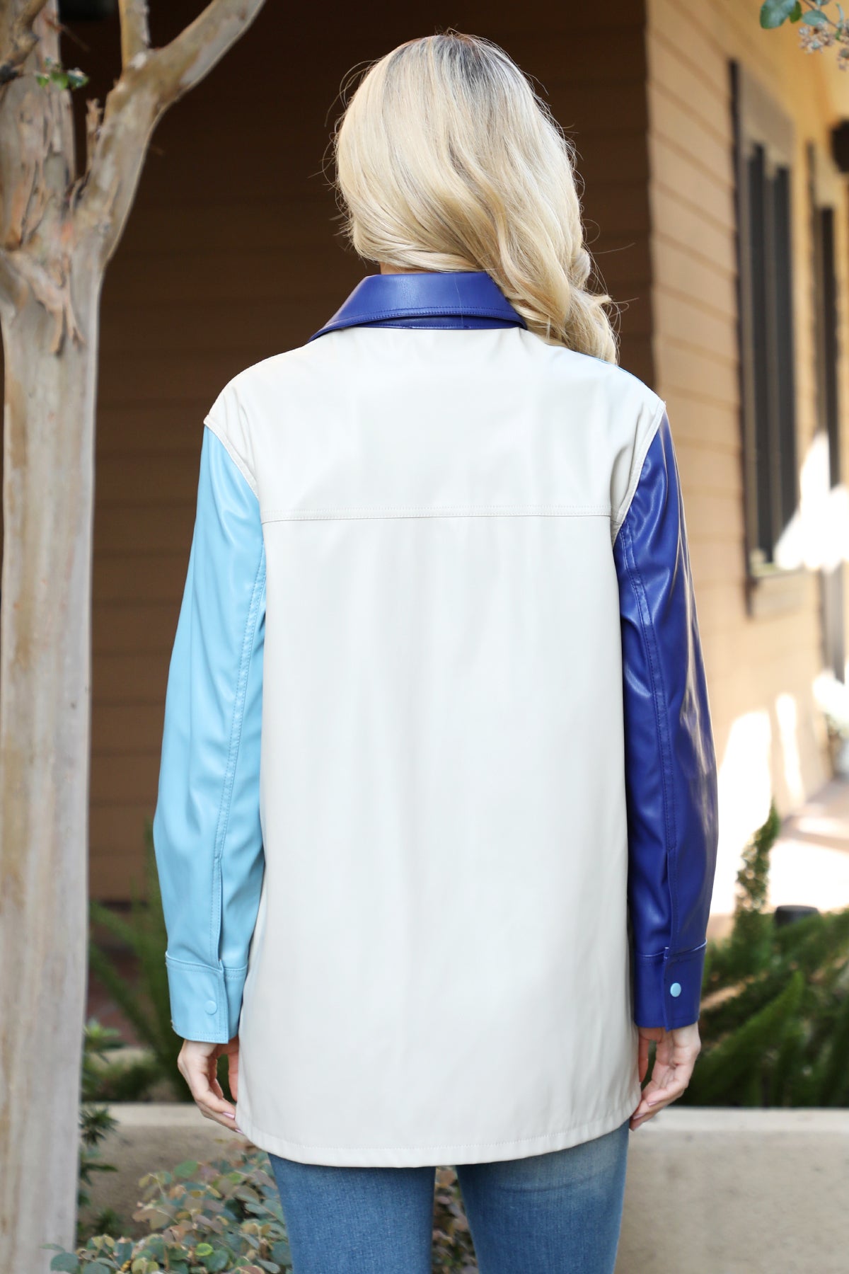 Color Block Faux Leather Button-Up Shacket