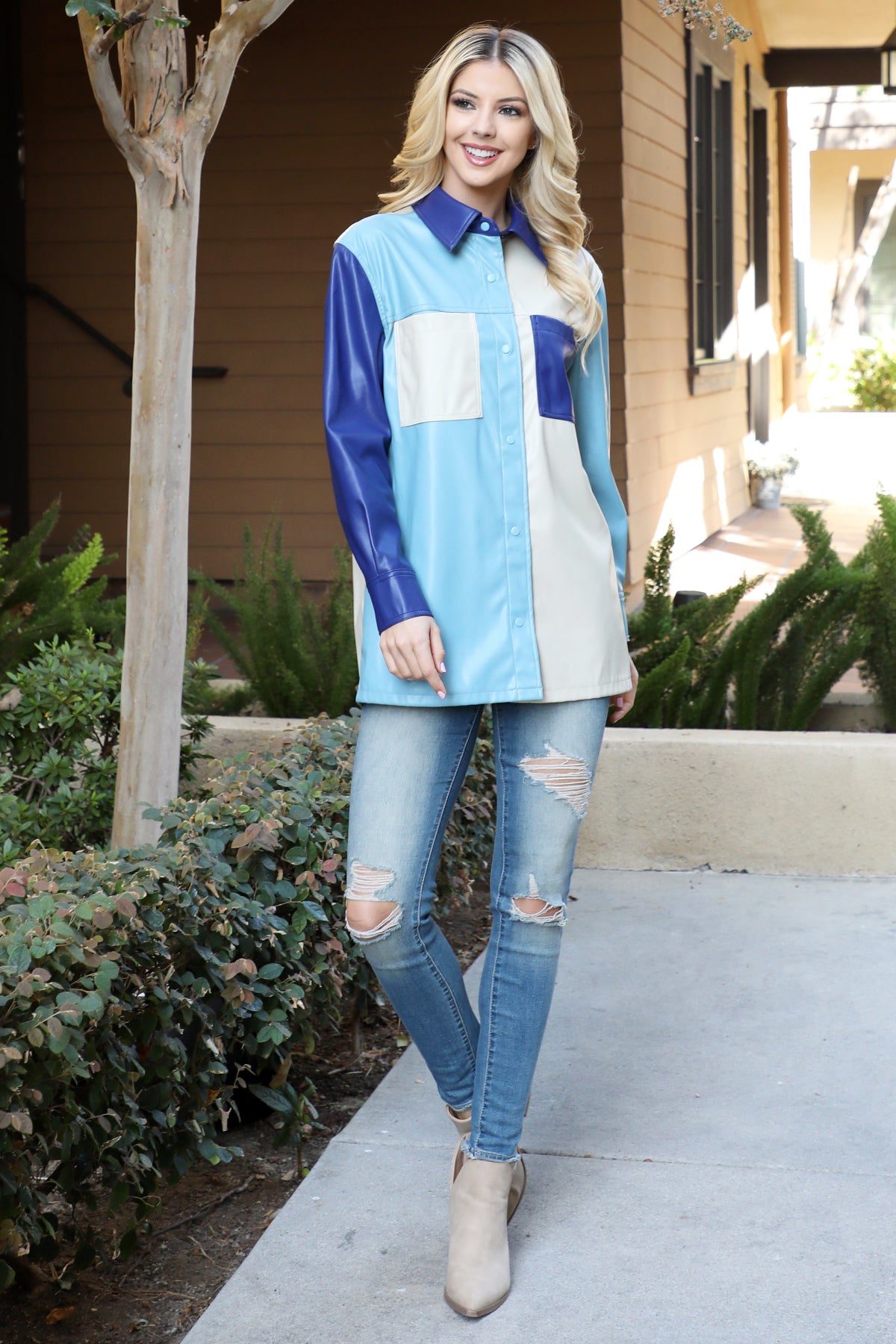 Color Block Faux Leather Button-Up Shacket