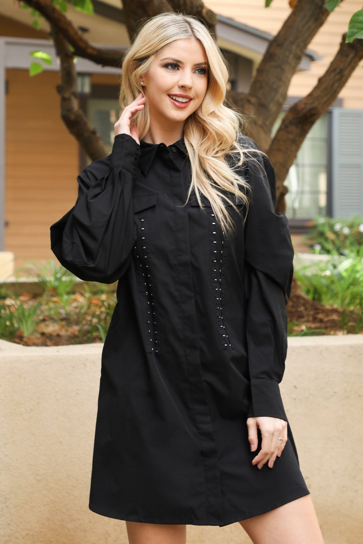 Plus Size Long Sleeve Button Down Collared Dress