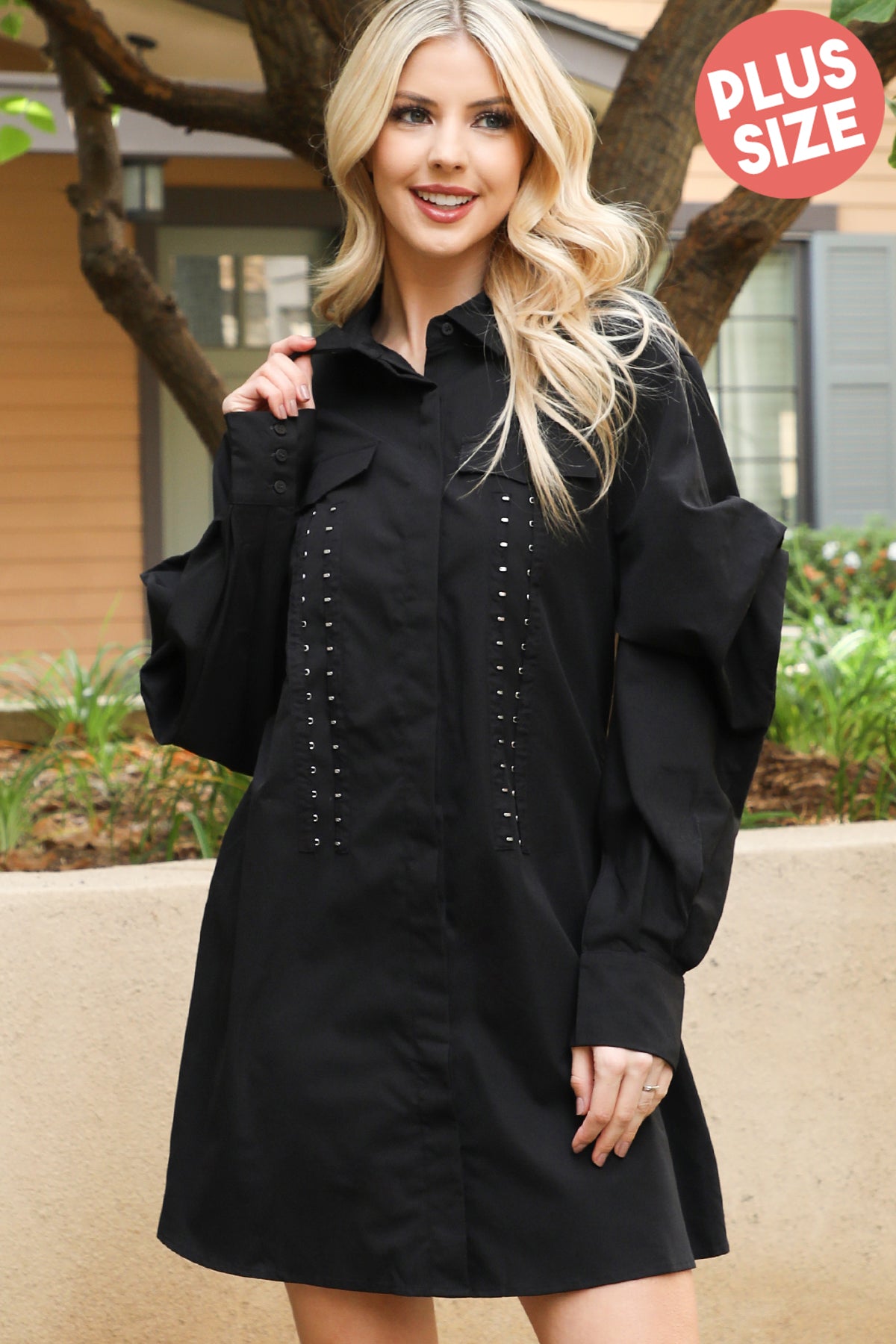Plus Size Long Sleeve Button Down Collared Dress