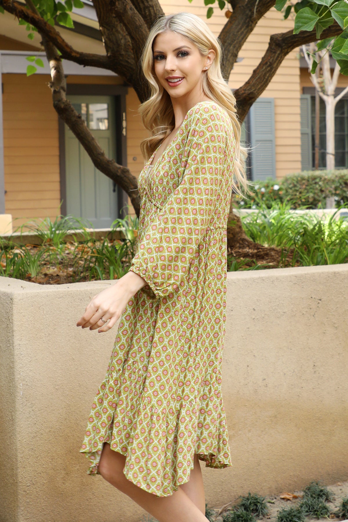 Boho Print V-Neck Long Sleeve Tiered Midi Dress