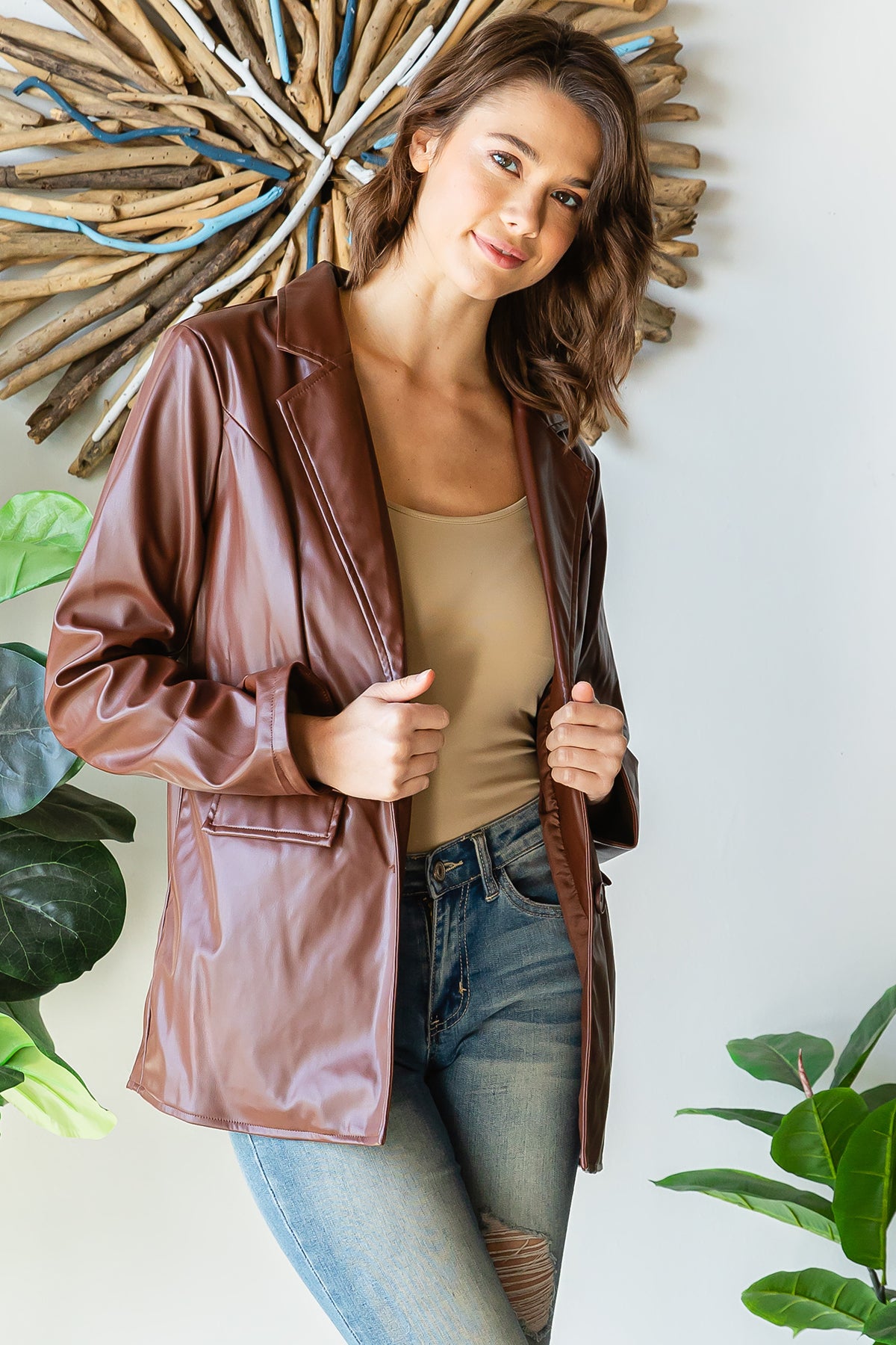 Faux Leather Double-Breasted Blazer Jacket