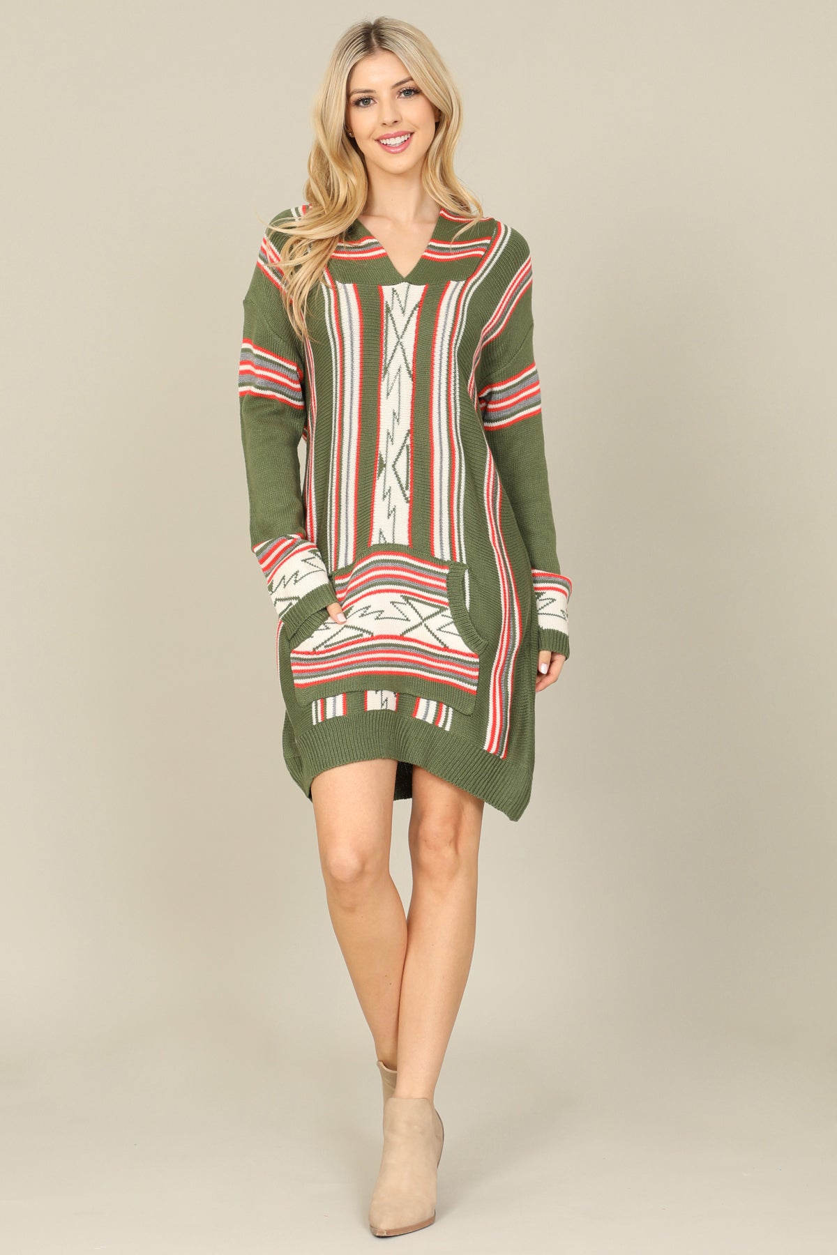 Printed Kangaroo Pocket Hooded Sweater Dress