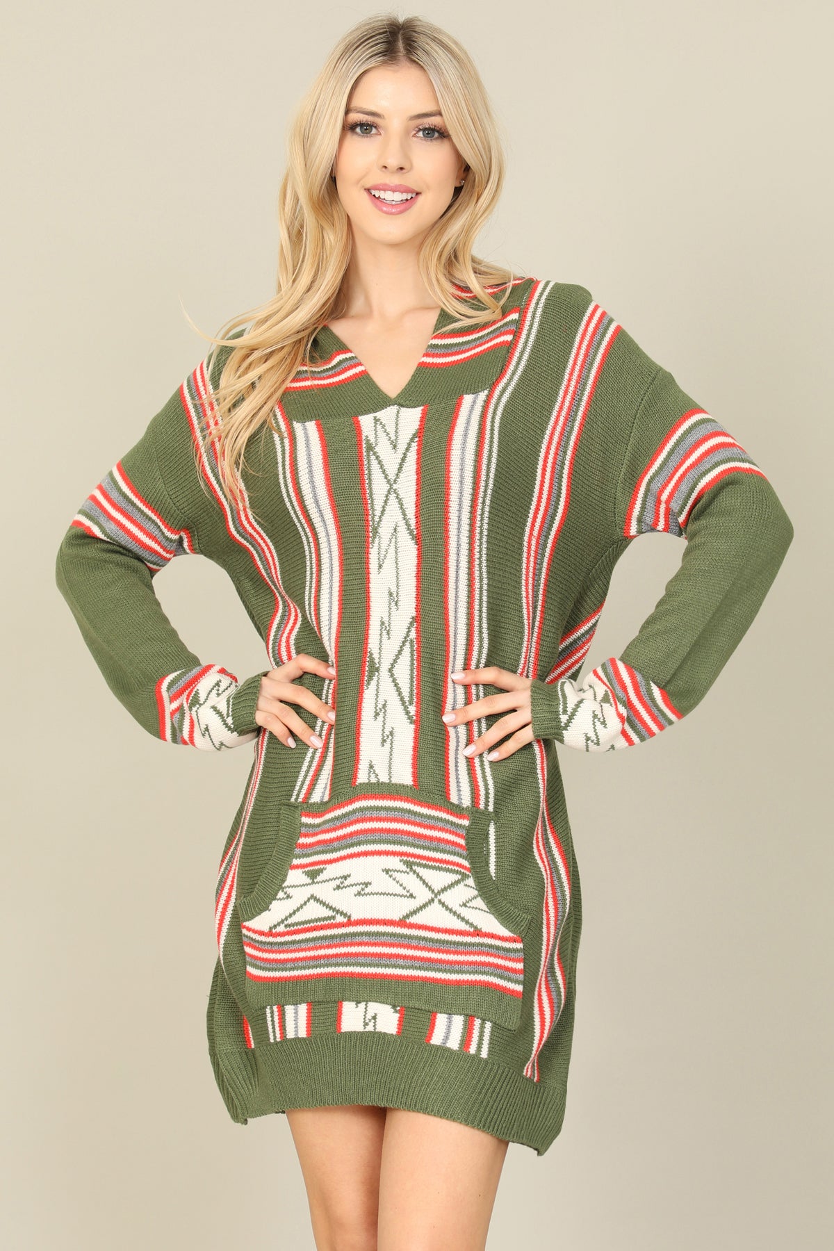 Printed Kangaroo Pocket Hooded Sweater Dress