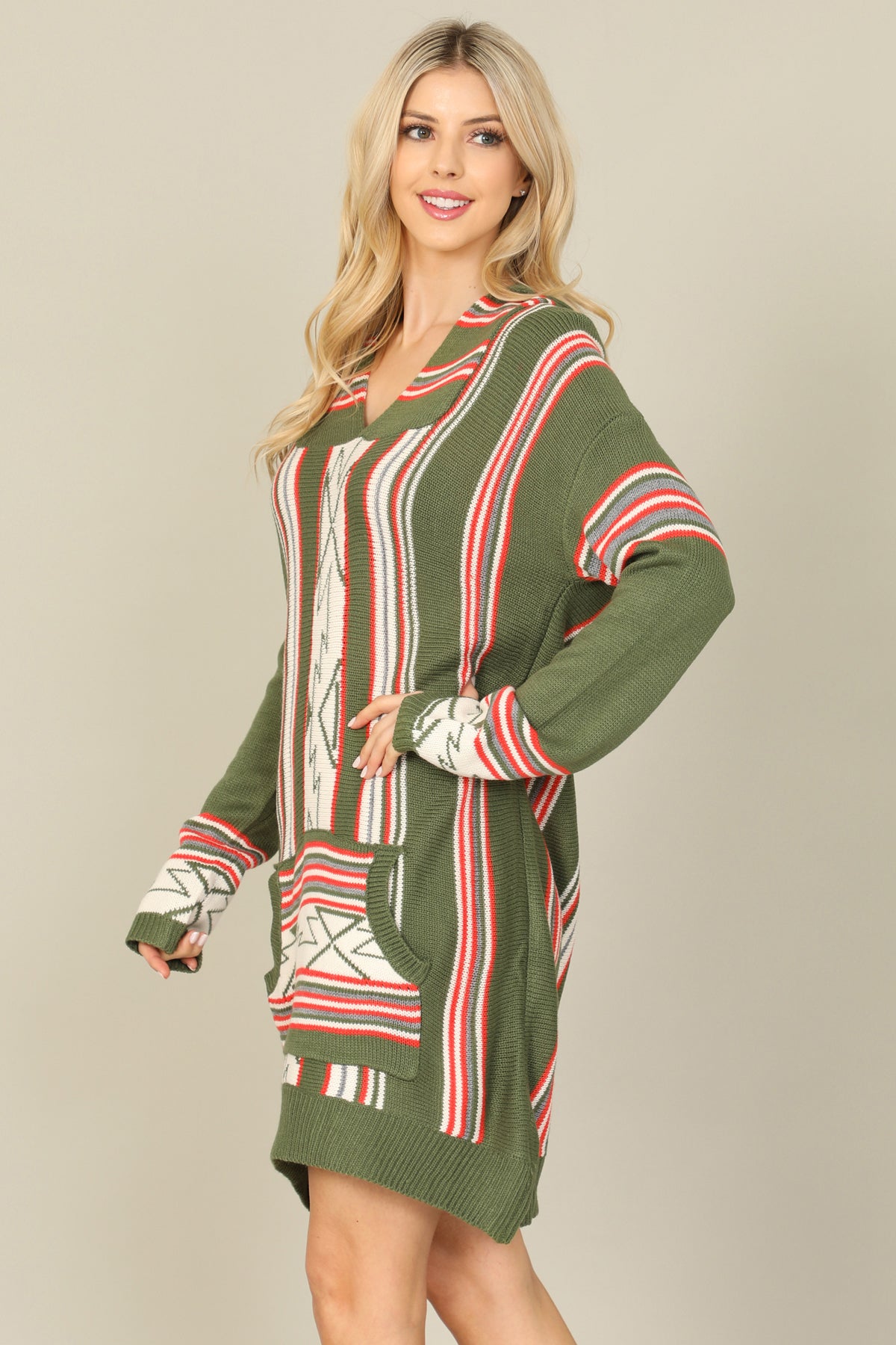 Printed Kangaroo Pocket Hooded Sweater Dress