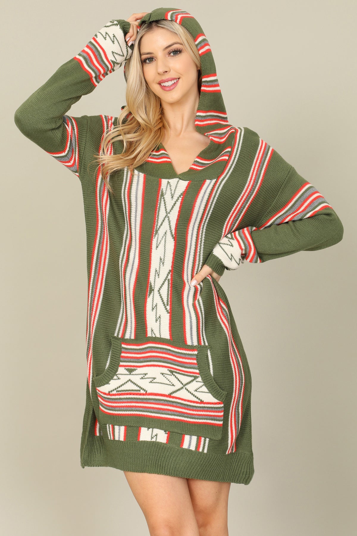 Printed Kangaroo Pocket Hooded Sweater Dress