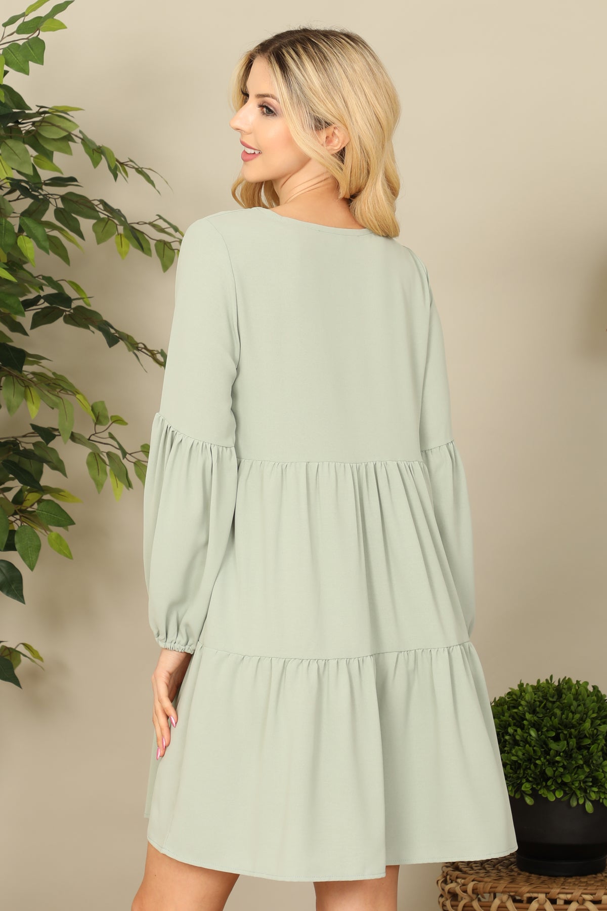 V-Neck Puff Long Sleeve Babydoll Tiered Solid Dress