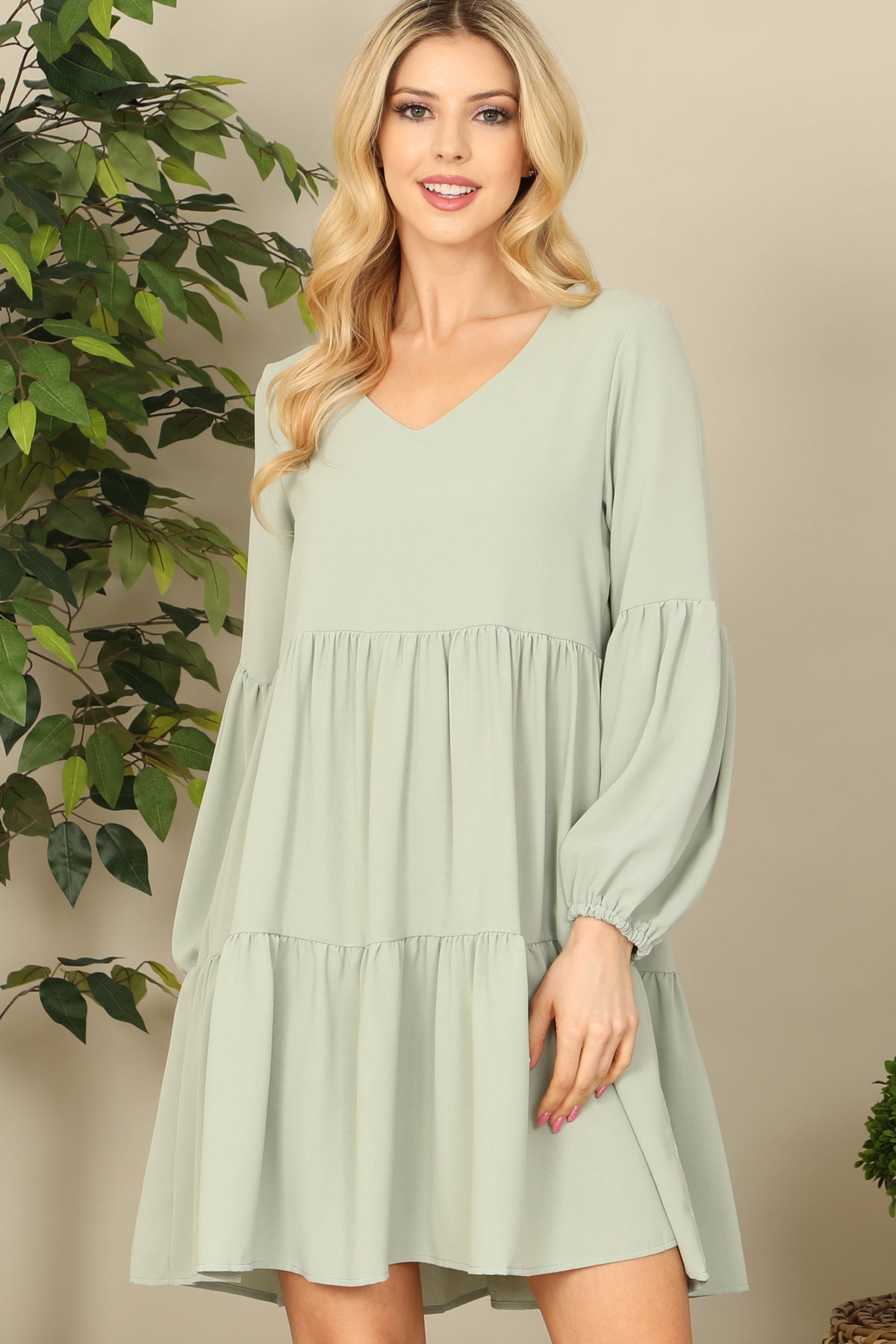 V-Neck Puff Long Sleeve Babydoll Tiered Solid Dress