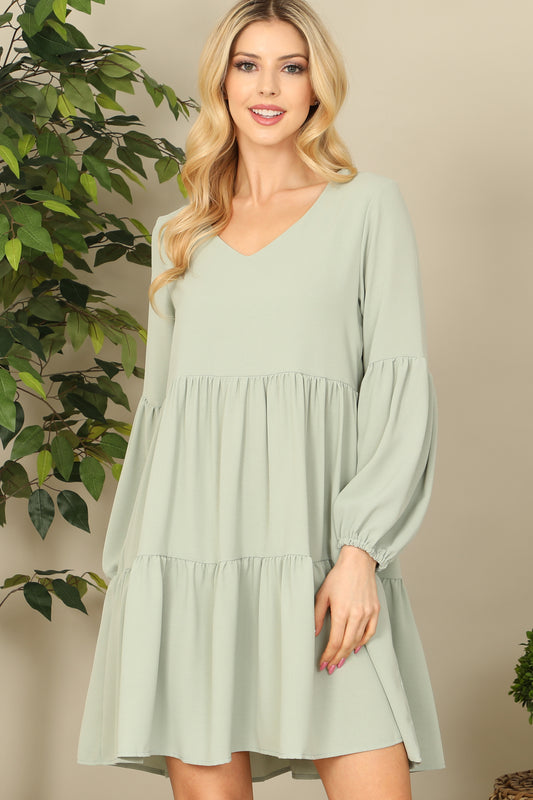 V-Neck Puff Long Sleeve Babydoll Tiered Solid Dress