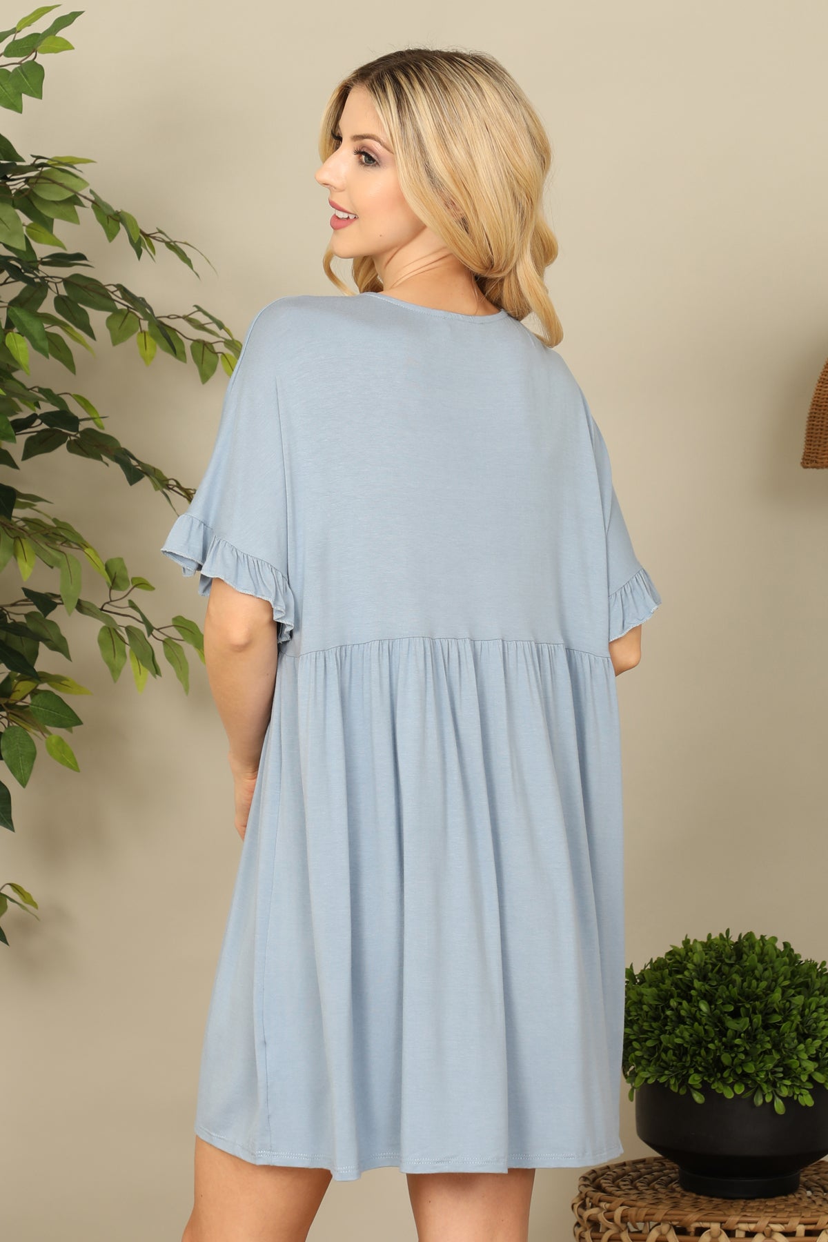 V-Neck Flutter Sleeve Babydoll Mini Dress
