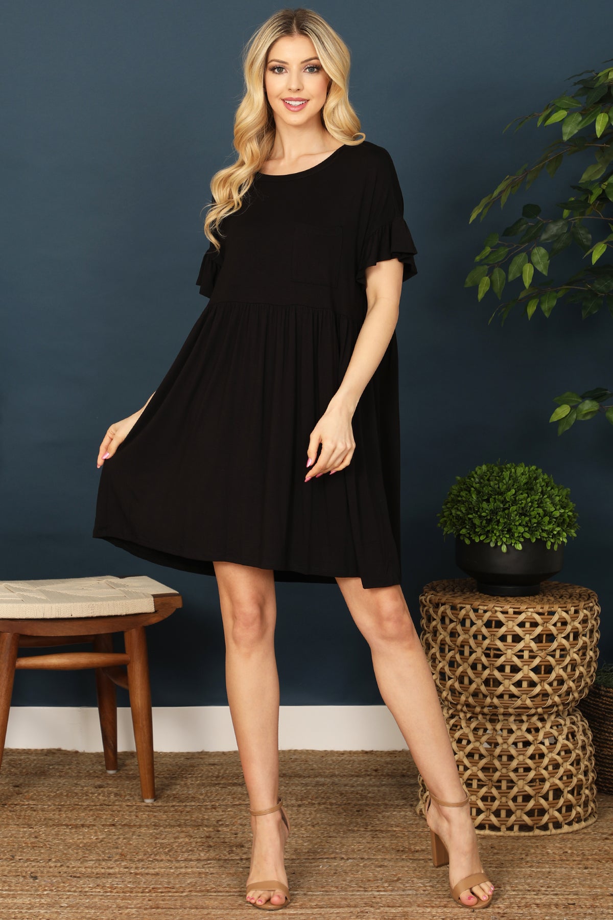 Ruffle Sleeve Front Pocket Solid Dress