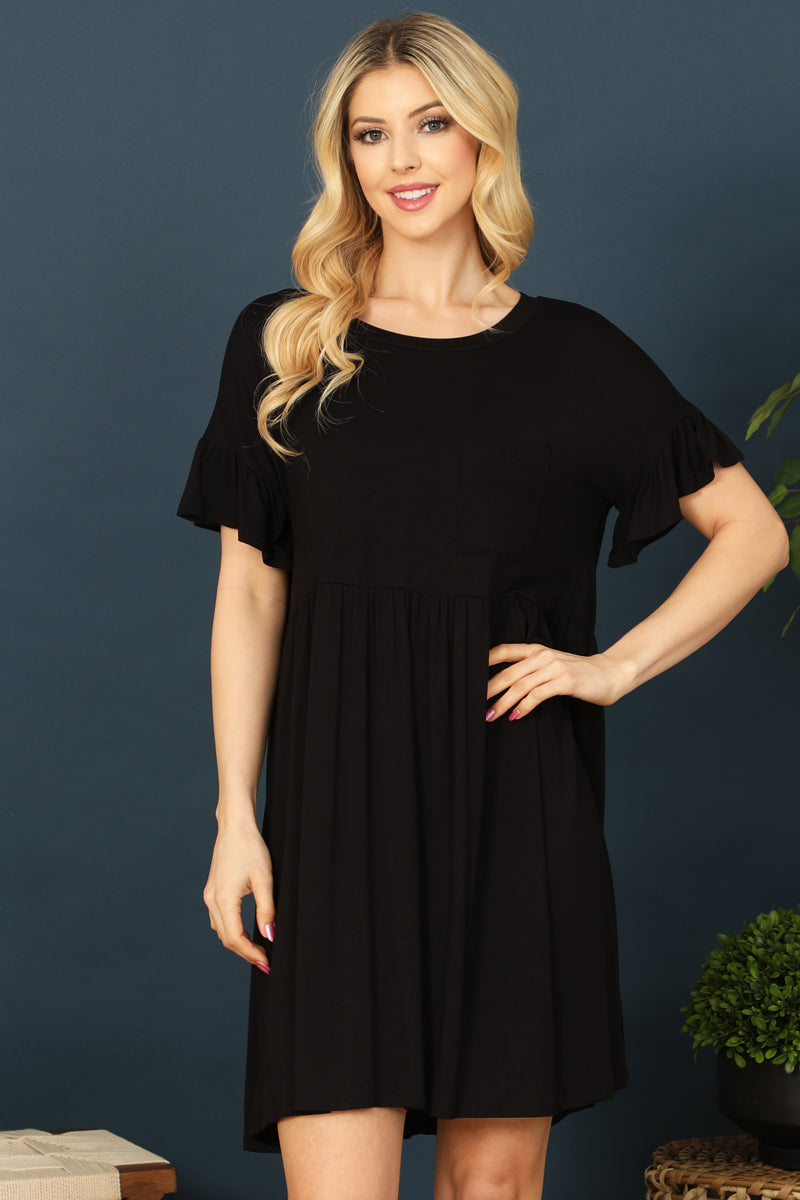 Ruffle Sleeve Front Pocket Solid Dress