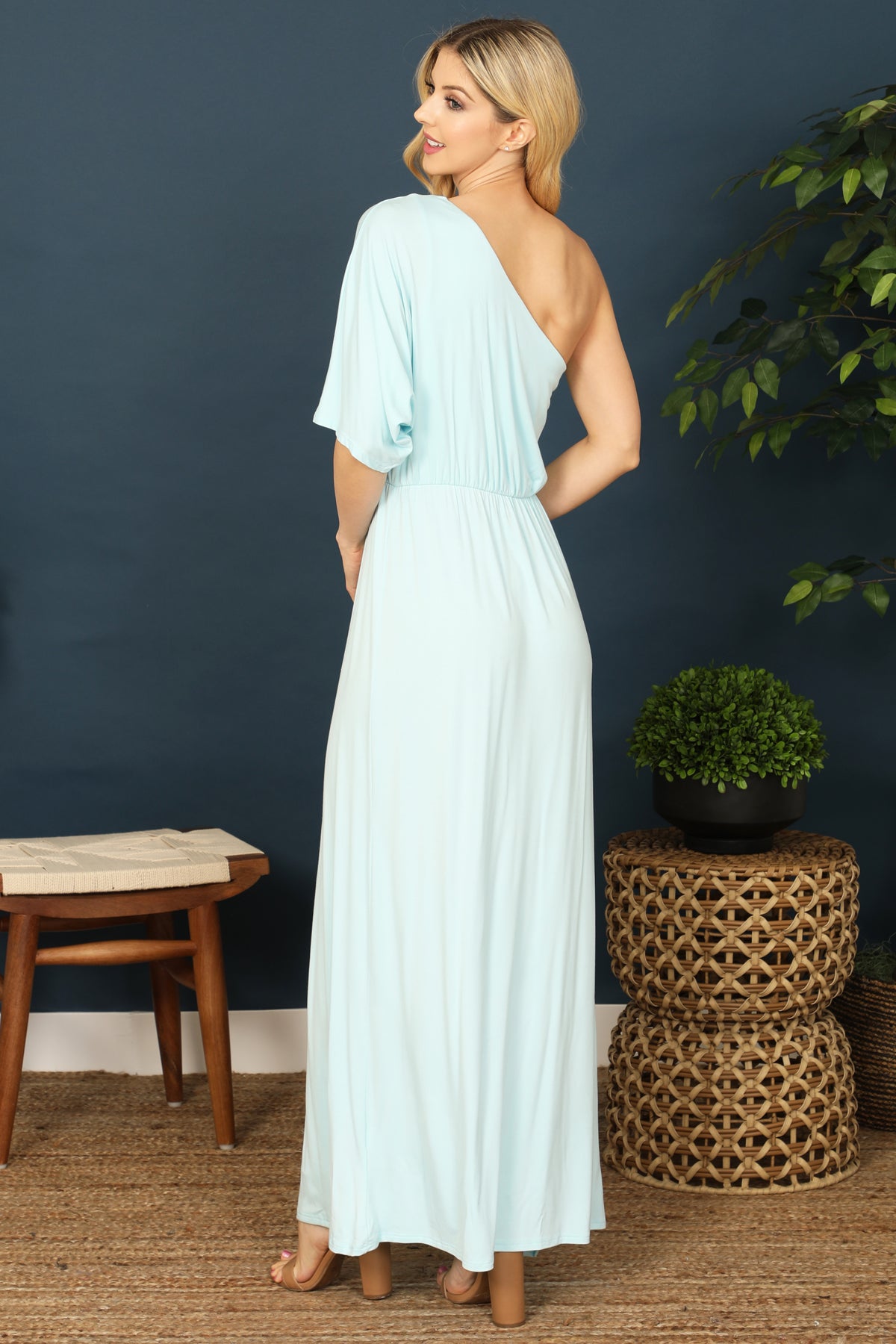 One Shoulder Elastic Waist Side Slit Solid Maxi Dress