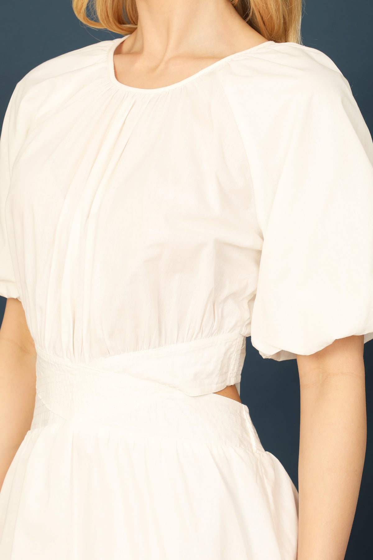 Round Neck Puff Sleeve Cutout Waist Mini Dress