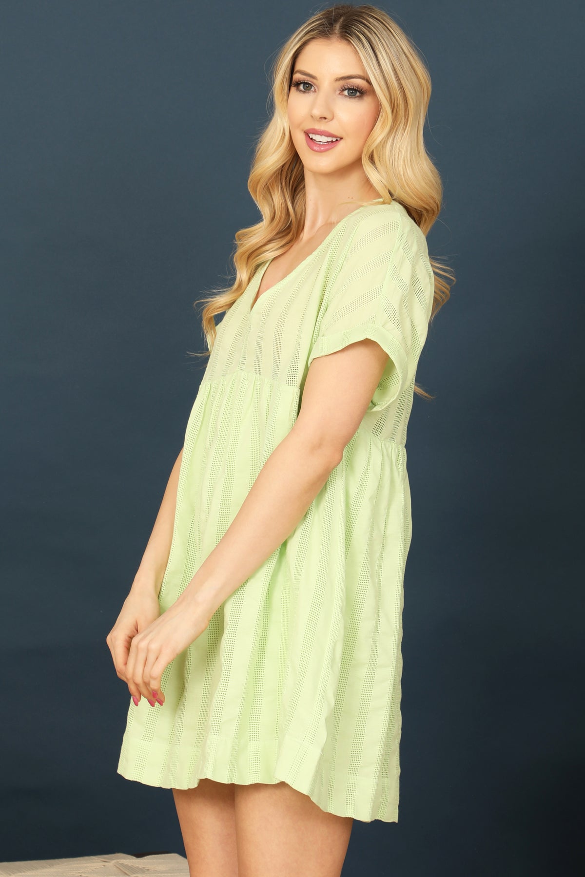 V-Neck Short Sleeve Textured Babydoll Dress