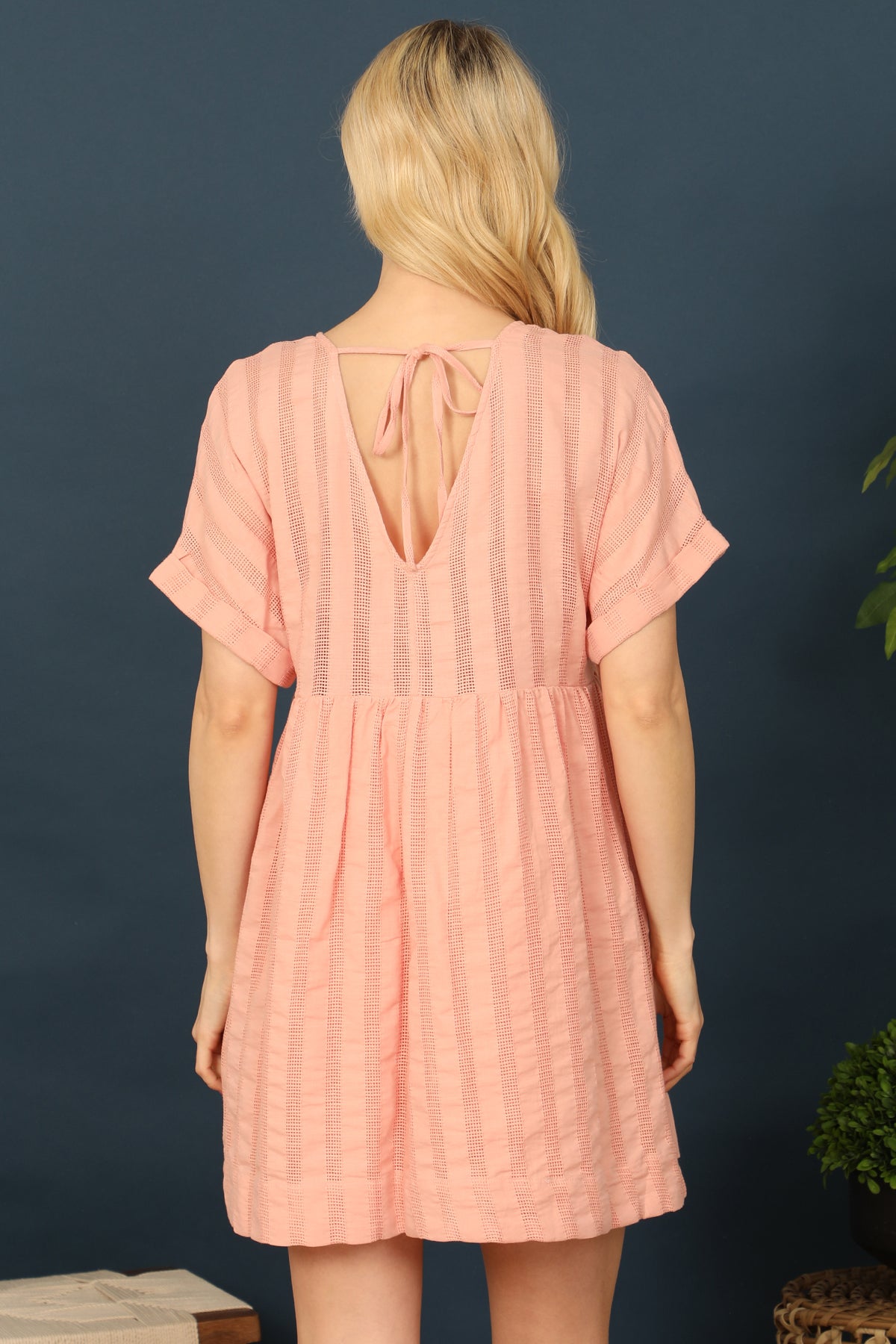 V-Neck Short Sleeve Textured Babydoll Dress