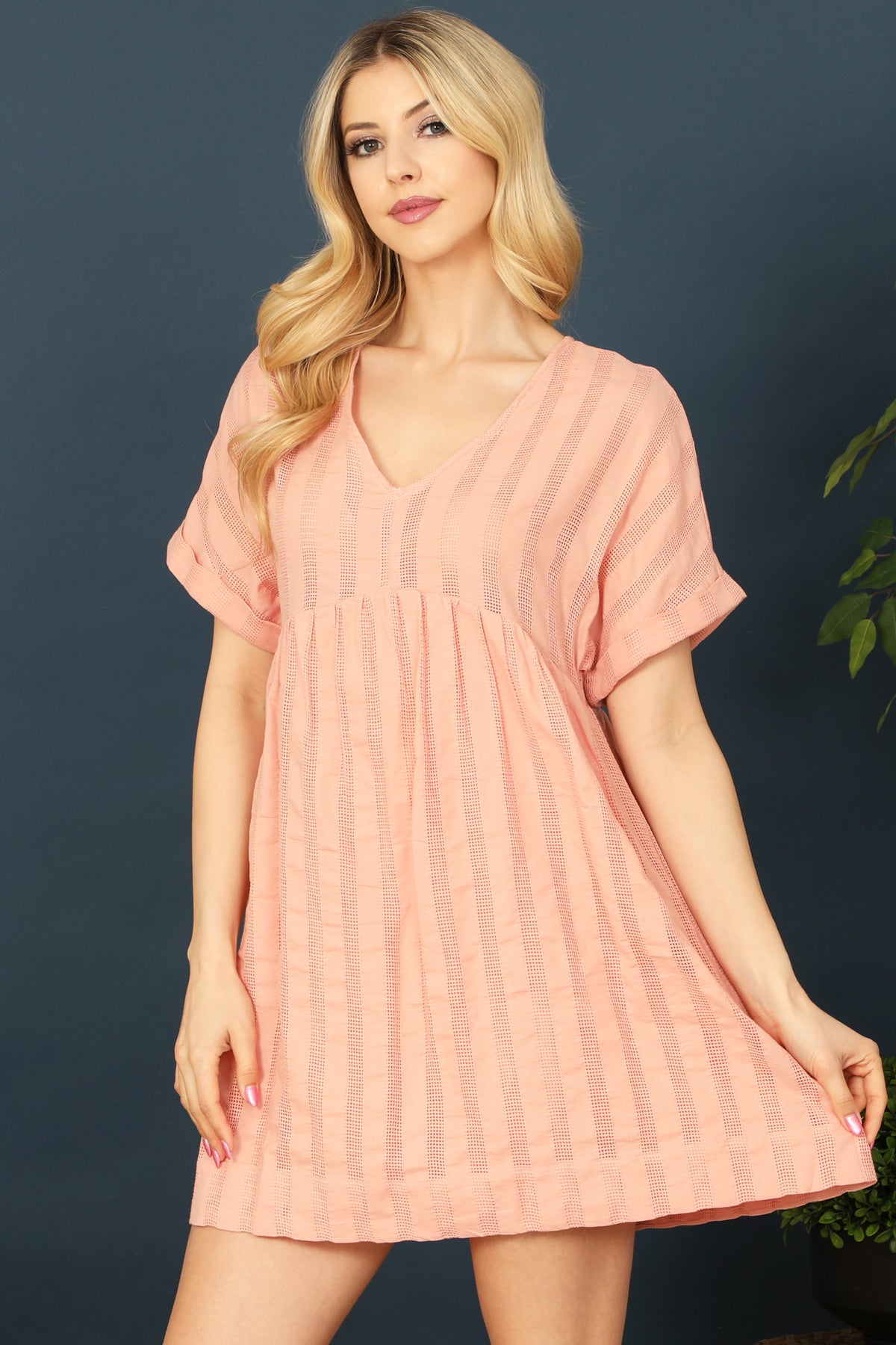 V-Neck Short Sleeve Textured Babydoll Dress