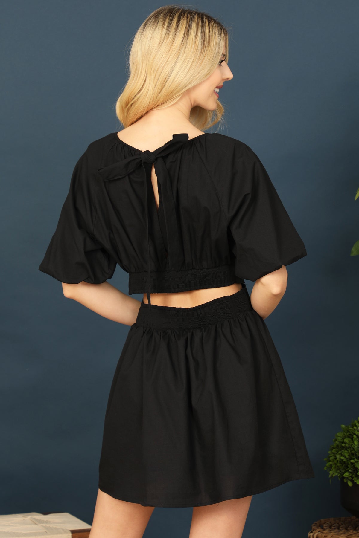 Round Neck Puff Sleeve Cutout Waist Mini Dress