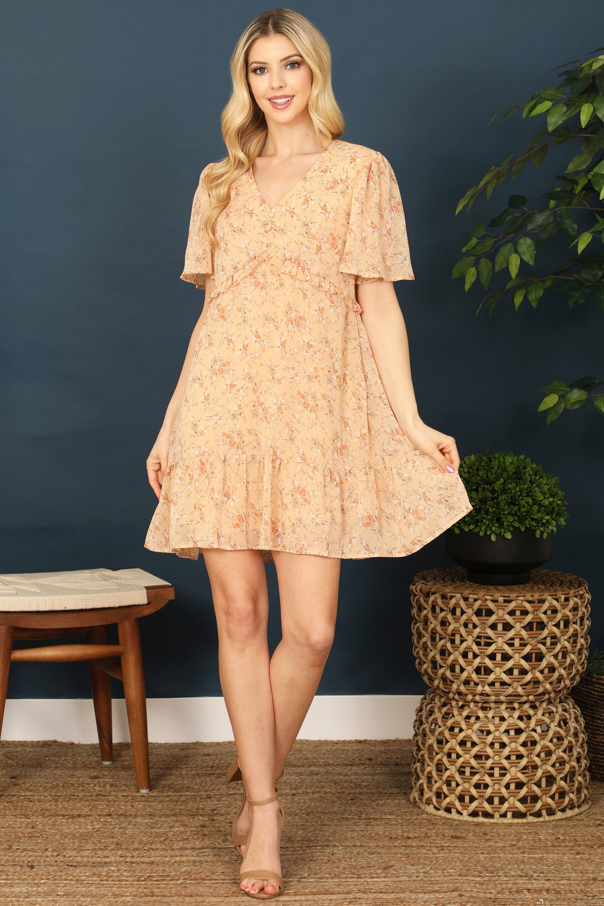 V-Neck Bell Sleeve Ruffle Detail Floral Dress