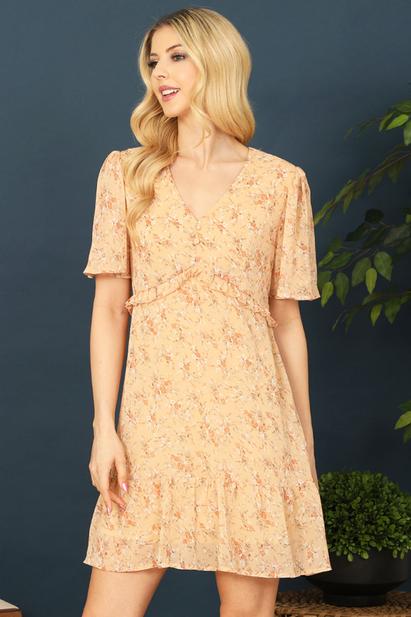 V-Neck Bell Sleeve Ruffle Detail Floral Dress