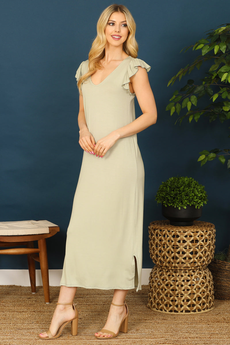 Ruffle Cap Sleeve V-Neck Side Slit Solid Midi Dress