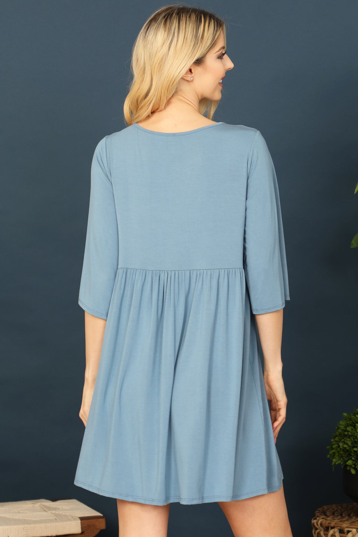 Quarter Sleeve Empire Solid Mini Dress