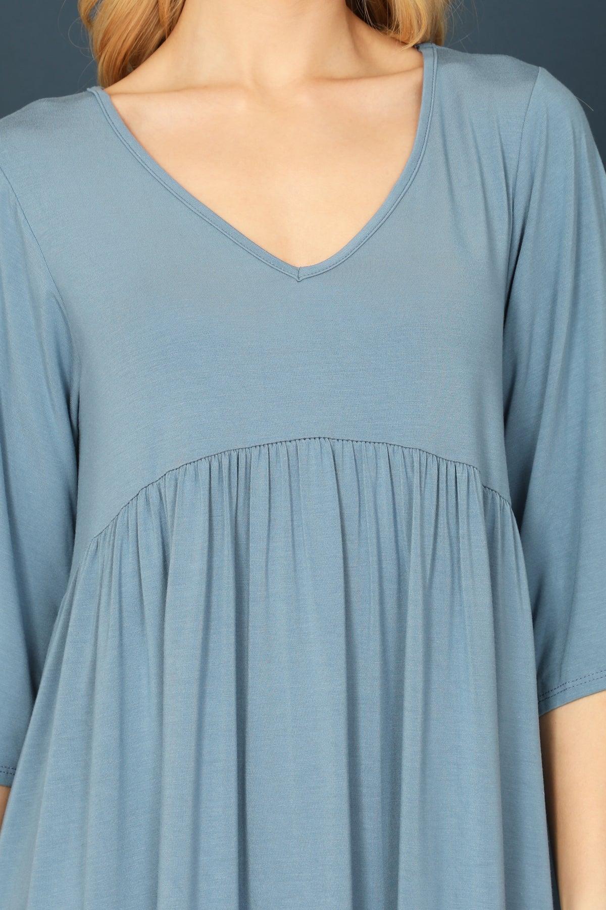 Quarter Sleeve Empire Solid Mini Dress