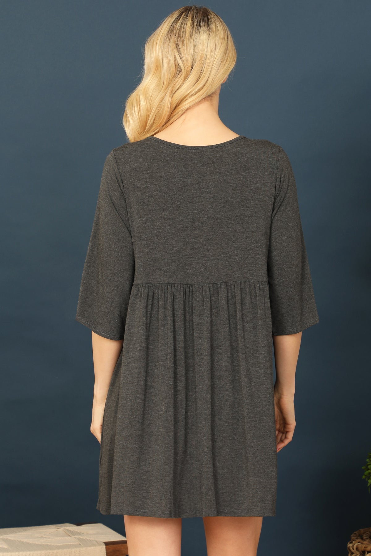 Quarter Sleeve Empire Solid Mini Dress