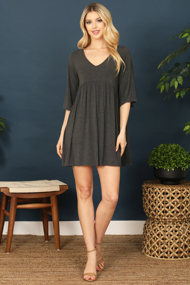 Quarter Sleeve Empire Solid Mini Dress