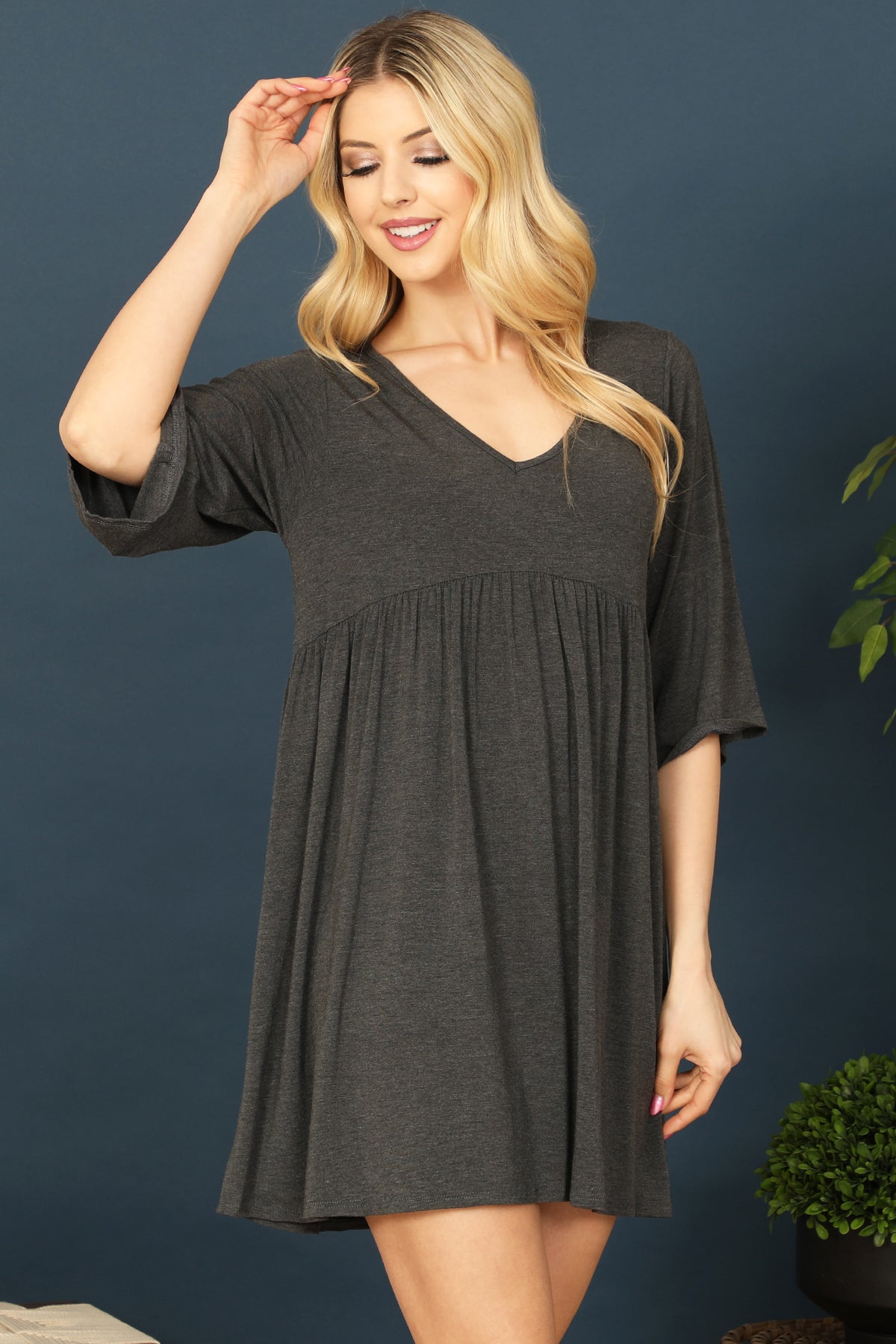 Quarter Sleeve Empire Solid Mini Dress