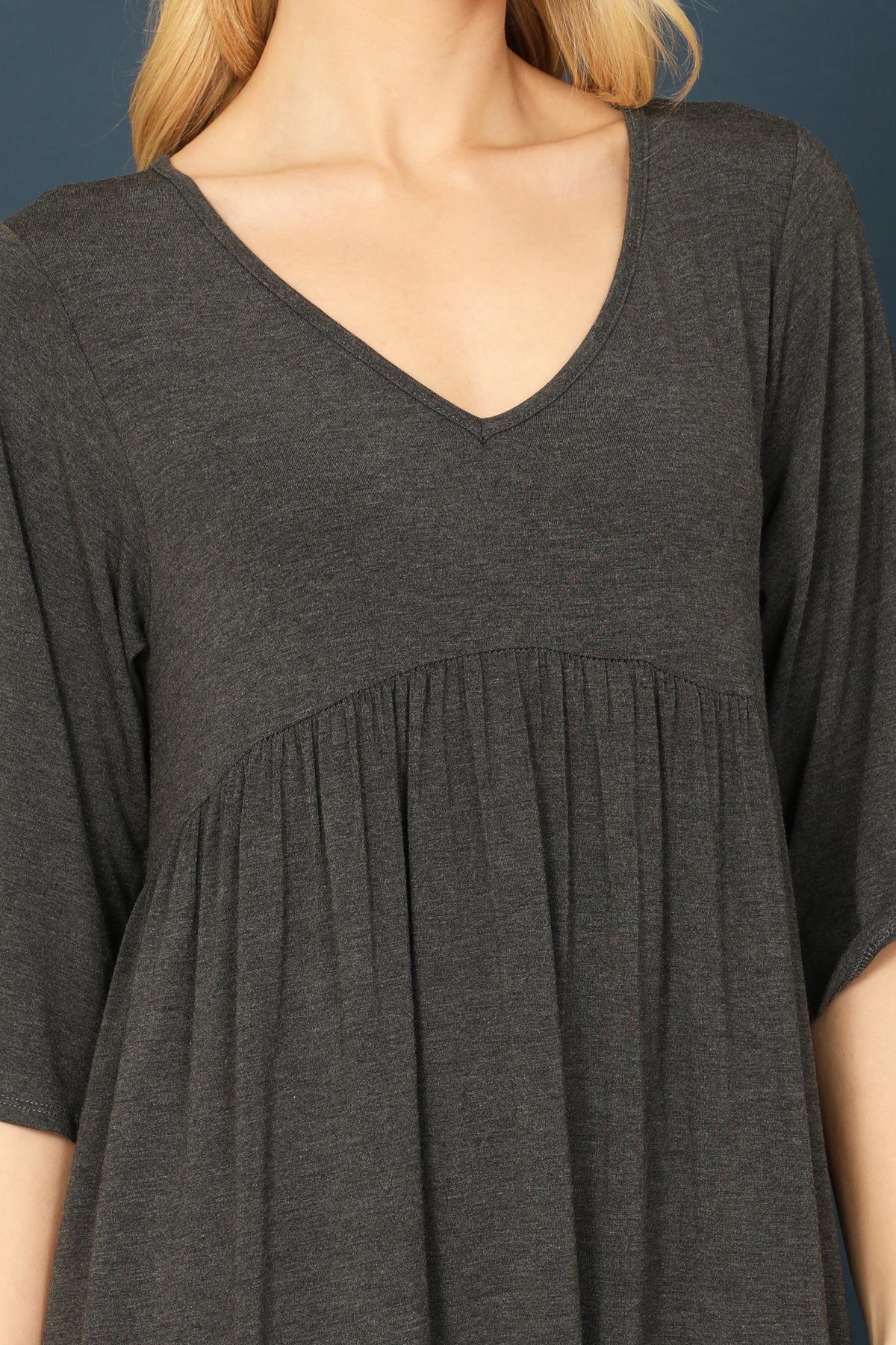 Quarter Sleeve Empire Solid Mini Dress
