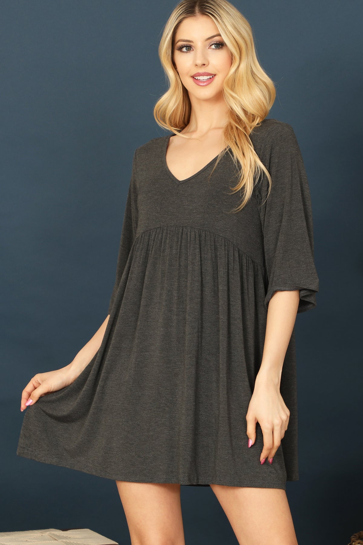 Quarter Sleeve Empire Solid Mini Dress