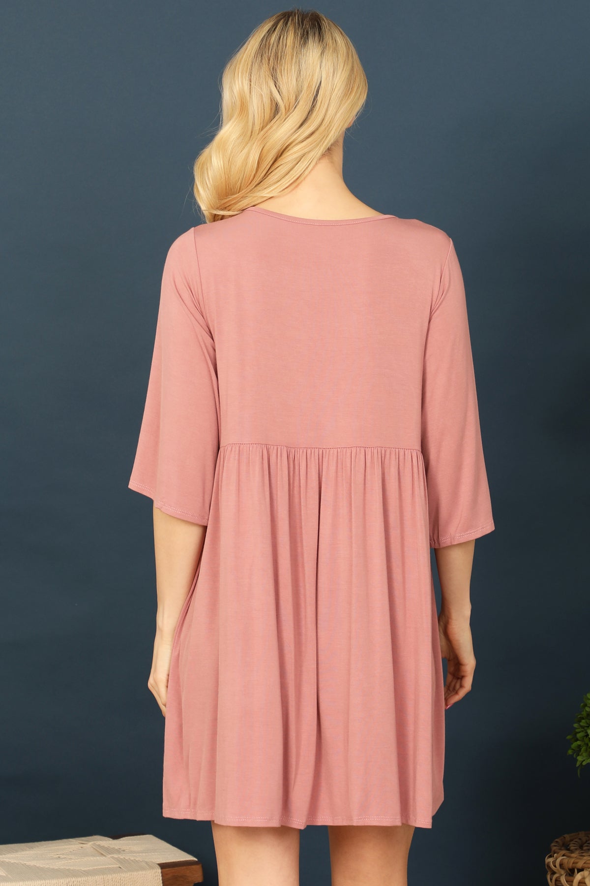 Quarter Sleeve Empire Solid Mini Dress
