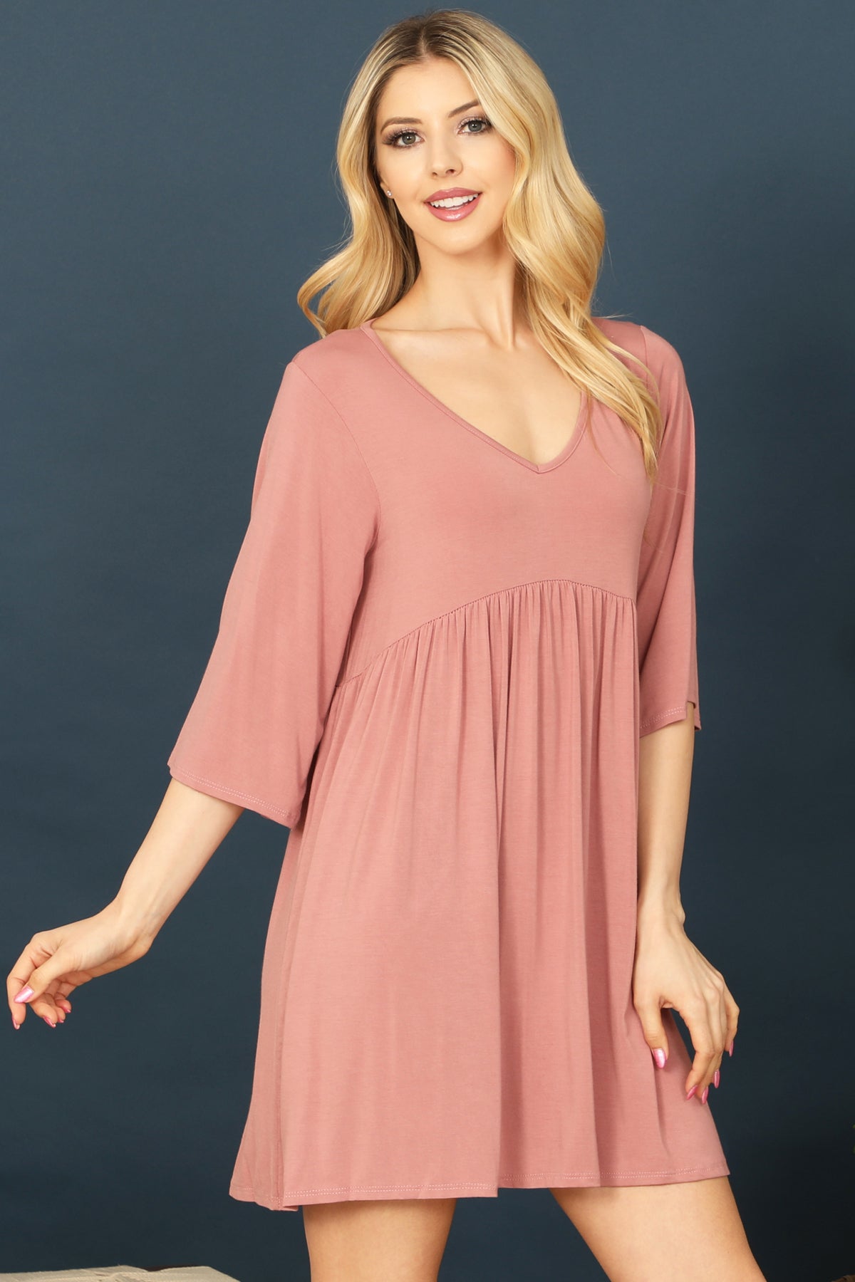 Quarter Sleeve Empire Solid Mini Dress