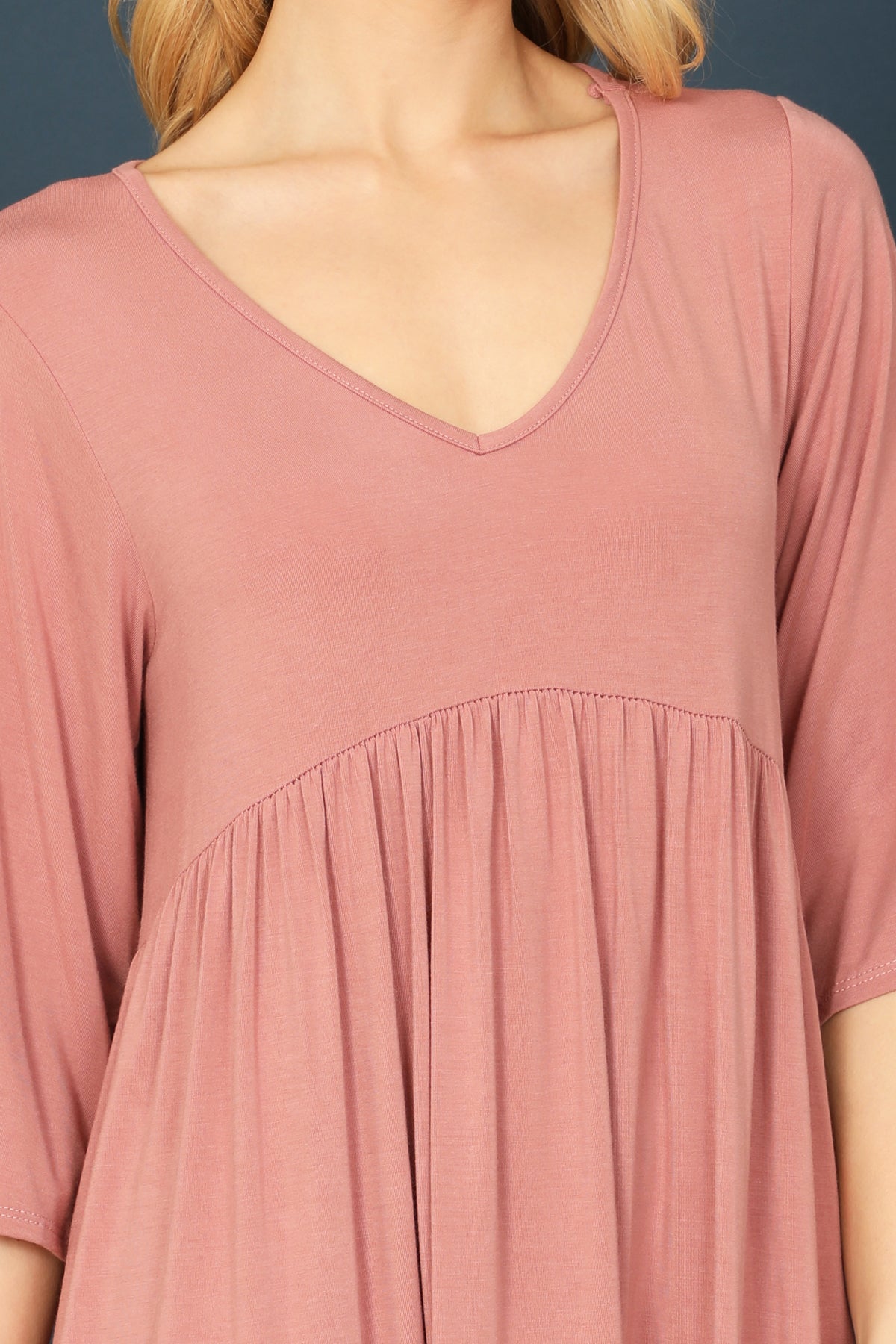 Quarter Sleeve Empire Solid Mini Dress