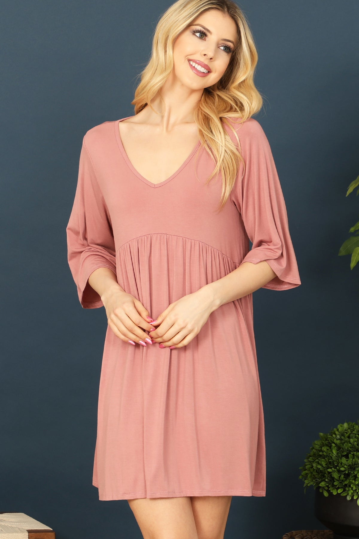 Quarter Sleeve Empire Solid Mini Dress