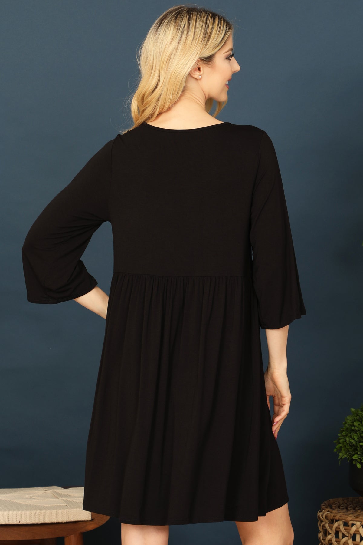 Quarter Sleeve Empire Solid Mini Dress