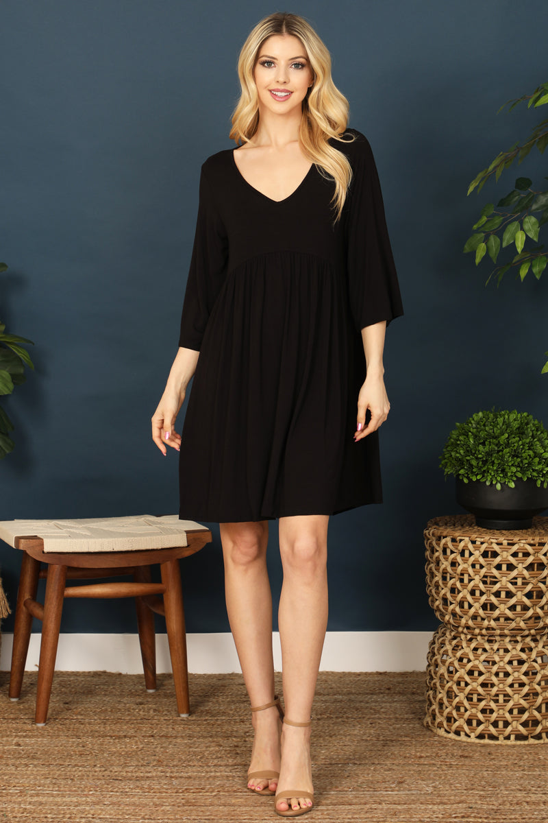 Quarter Sleeve Empire Solid Mini Dress